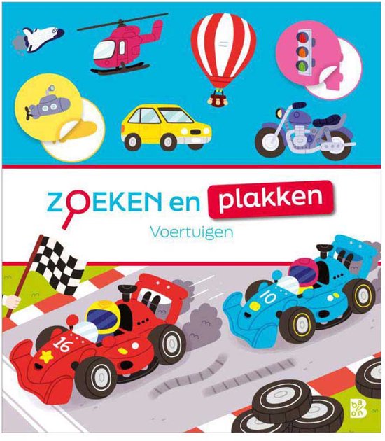 Zoek en plakken Voertuigen: Een rode en blauwe raceauto op een racebaan, met boven diverse voertuigen zoals een helikopter, auto en motor.