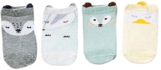 4 paar baby sokken met das vosje eend print – 3D diertjes – elastische enkelsokjes voor jongens en meisjes – 6-24 maanden