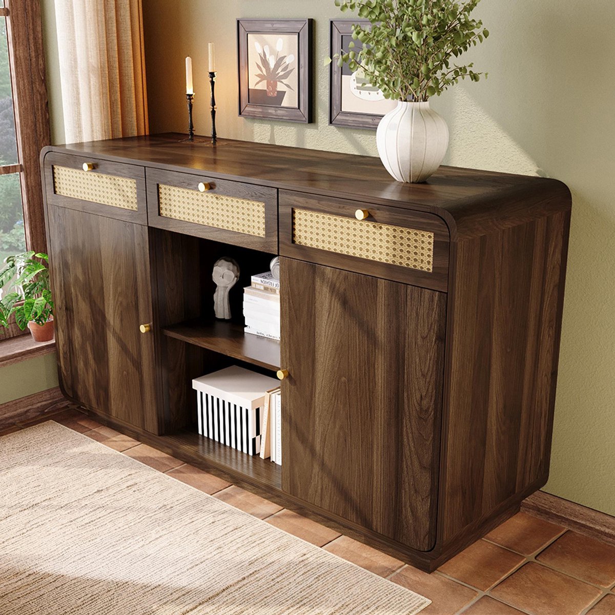 Pugsdrly Sideboard 120 cm in notenhout, ladekast met rotan en vergulde handgrepen, 3 lades + 2 kasten + open plank, in hoogte verstelbare planken, H85/L120/D40 cm
