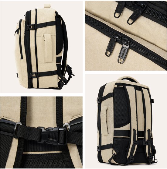 Details van de beige TRVLMORE rugzak: zijkant, ritsen met TRVLMORE logo, gespen en achterkant met mesh.