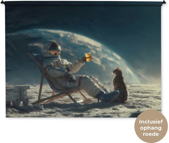 Wandkleed 180x135 cm - Wanddoek Astronaut - Kat - Glas - Stoel - Wandtapijt - Wandkleden
