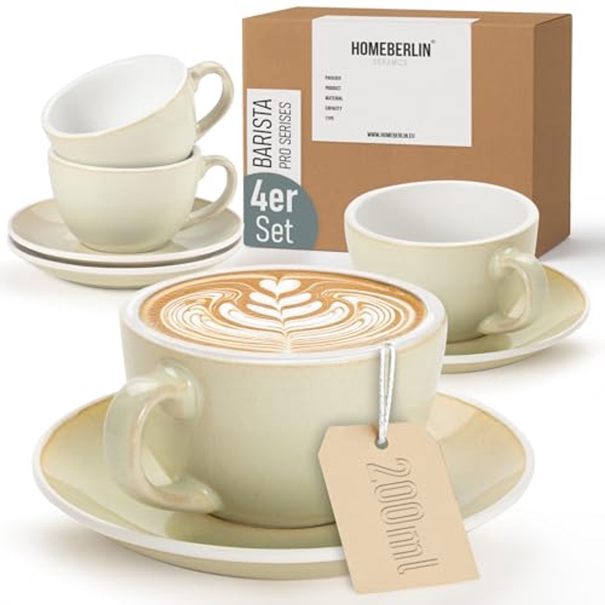 Premium Cappuccinokopjes Set van 200 ml - Hoogwaardig Aardewerk met Schoteltjes