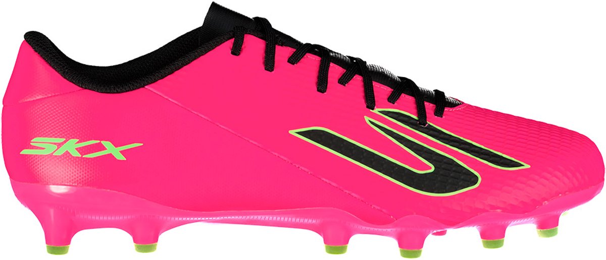 Roze Skechers Academy 252120 AG voetbalschoenen met zwart en groene accenten, ontworpen voor comfort en balcontrole.