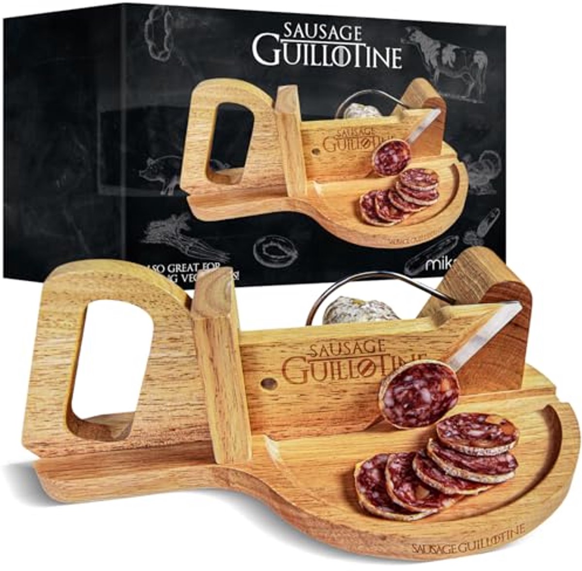 Sausage Guillotine – Snelle en Gelijke Plakjes – Vlijmscherp Mes – Massief Hout