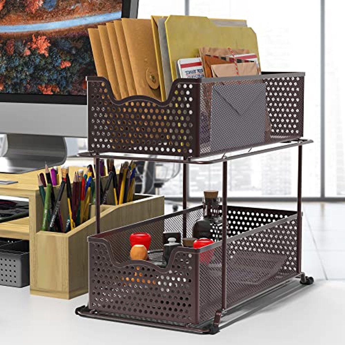 2 Tier Schuifkast Organizer met Mand - Brons