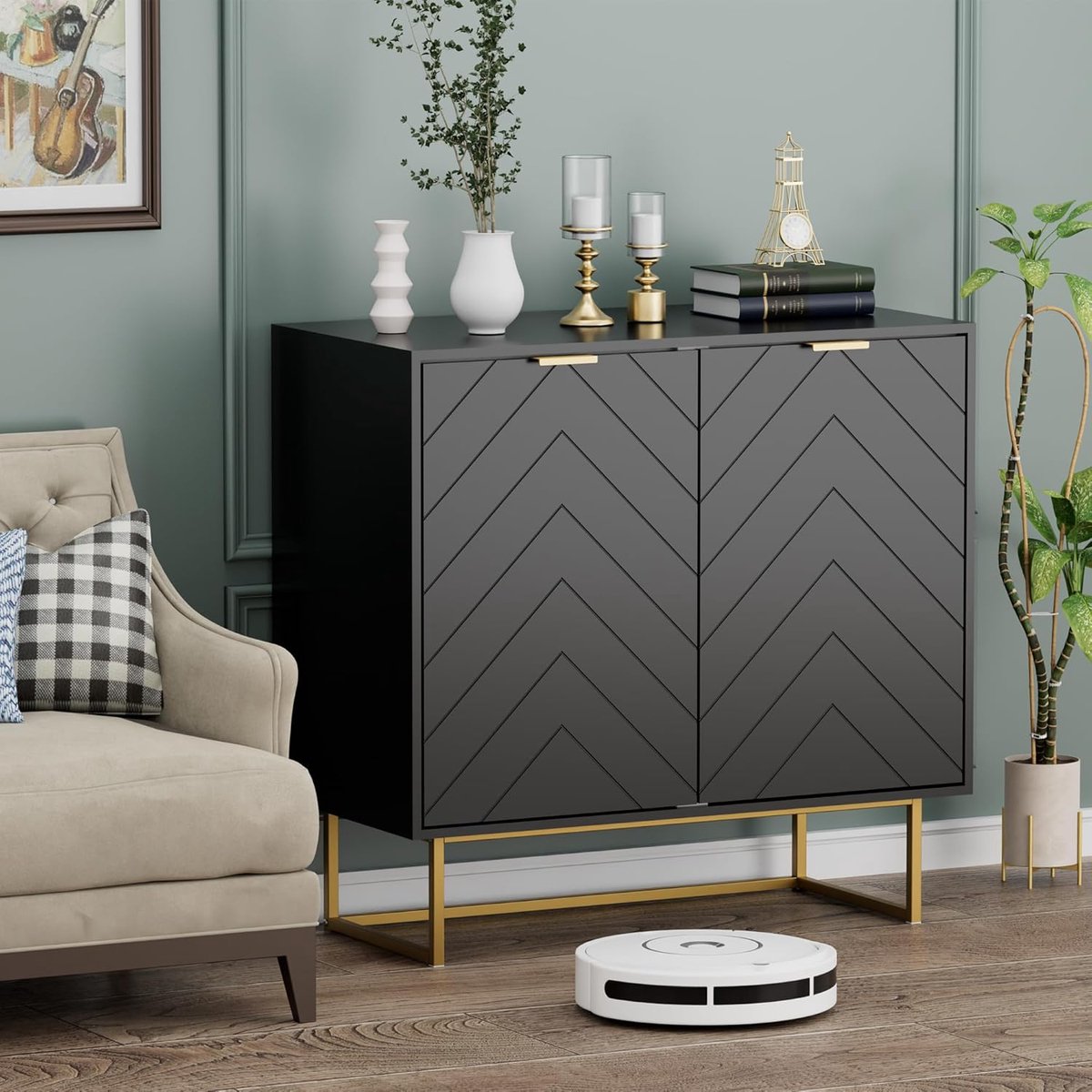 UEV Laag dressoir met 2 deuren, opbergkast met in 3 standen verstelbare plank, draagvermogen 65 kg, gouden metalen handgreep en poten, voor woonkamer, slaapkamer, studio, 80 x 40 x 77,5 cm (Zwart)