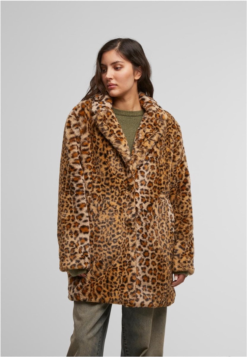 Urban Classics Ladies Oversized Faux Fur Leo Coat Dames Lange jassen luipaard L Print