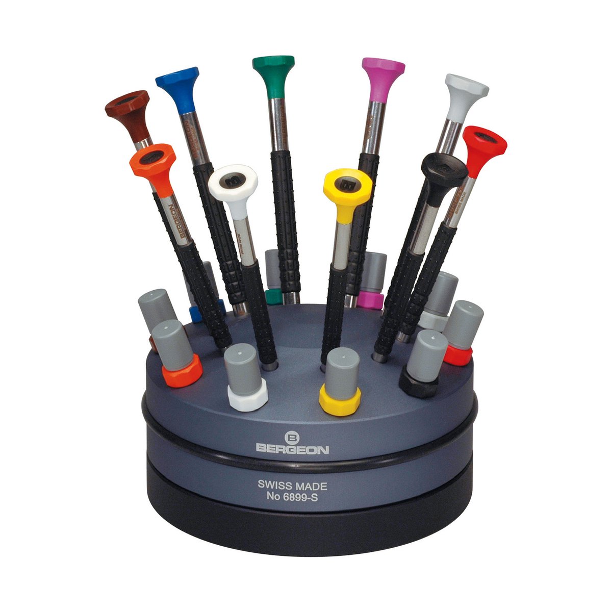 BERGEON schroevendraaierassortiment - 10 schroevendraaiers - As: roestvrij staal - Kogelgelagerde draaibare basis - Speciaal gereedschap voor horlogemakers