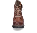 Bruine leren veterboot met rits, bontkraag en veterdetails, van de voorkant gezien.