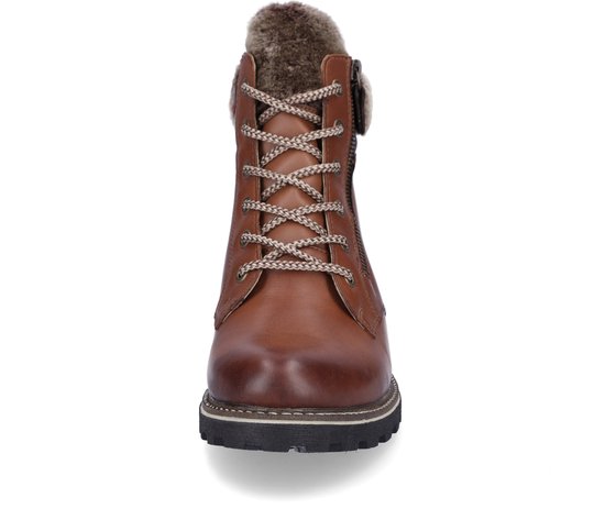 Bruine leren veterboot met rits, bontkraag en veterdetails, van de voorkant gezien.