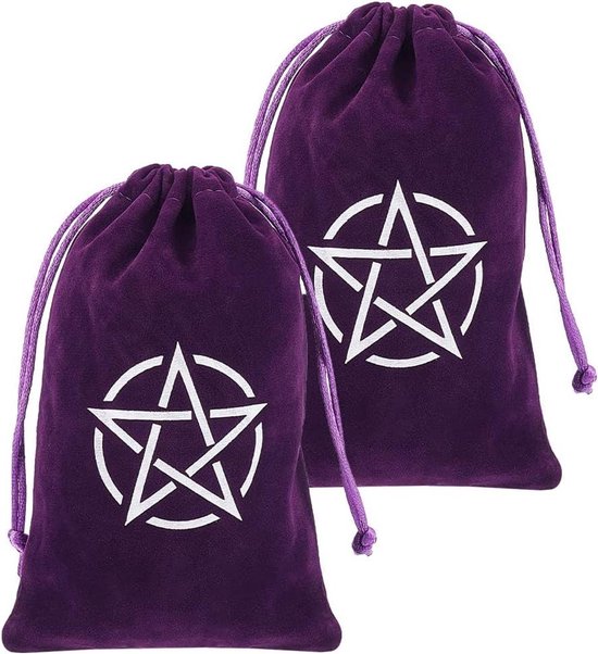 Allecto Plus - Pochettes de rangement Tarot en velours violet - Pochette cadeau à cordon - Protège-cartes pentagramme - Rangement Dés et cartes de tarot - Bijou de sorcière - Pochette à cartes - 18 x 12 cm