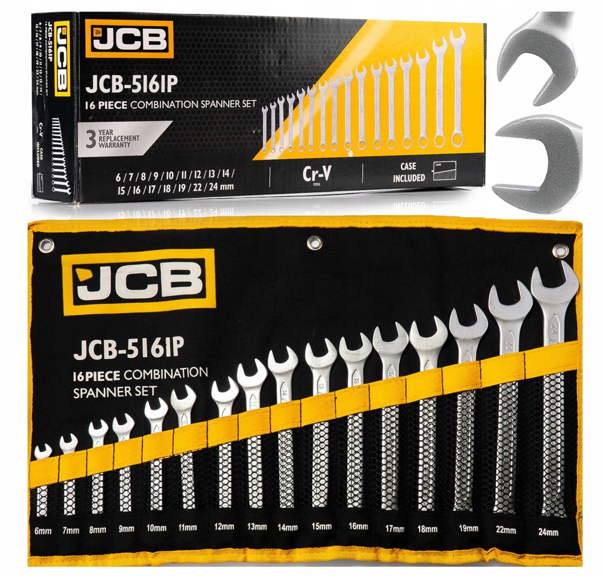 JCB Set Ringsleutels Plat-Oog 16 Delen CRV Staal 6-24mm