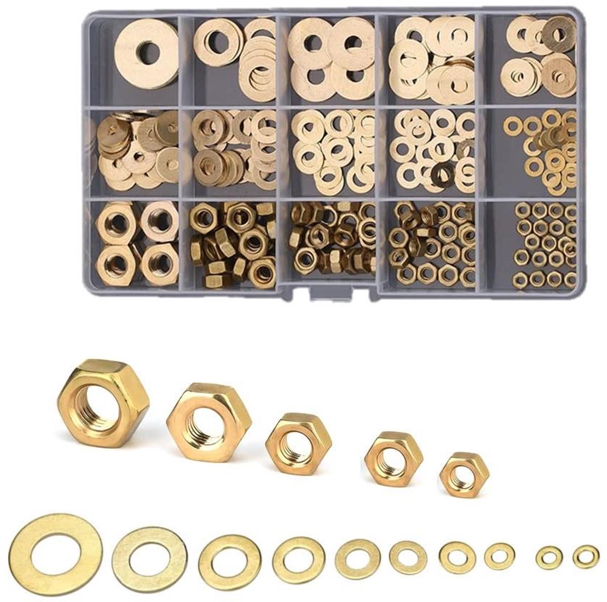 Provento - Messing Zeskantmoeren en Platte Sluitringen Assortiment Kit - 253 Stuks - M3 M4 M5 M6 M8 - Handig voor bevestigingsklussen