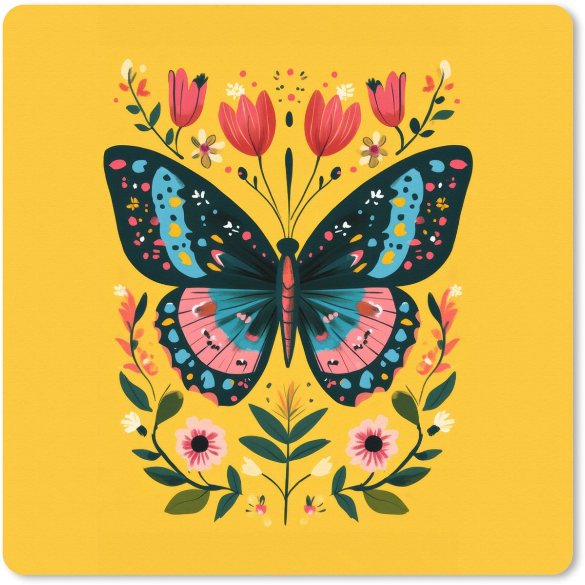 Muismat XXL 80x80 cm - Bureau onderlegger - Bureau mat Bloemen - Kleurrijk - Vlinder - Sierlijk - Bureaumat - Gaming mousepad xl - Bureaulegger groot - Computer deskmat