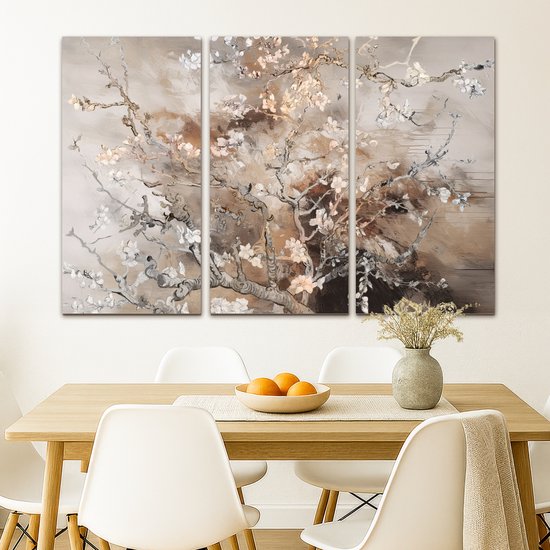 Ensemble de peintures sur toile 120x80 cm - Triptyque de Décoration murale - Fleur d'amandier - Abstrait - Beige - Décoration murale salon - Décoration chambre - Accessoires chambre - Peintures sur toile