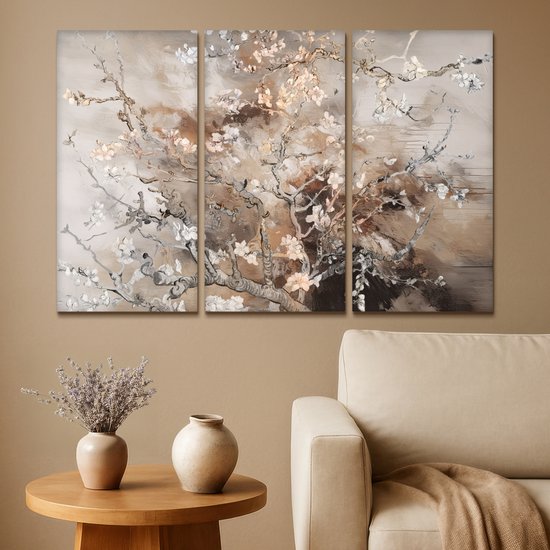 Ensemble de peintures sur toile 120x80 cm - Triptyque de Décoration murale - Fleur d'amandier - Abstrait - Beige - Décoration murale salon - Décoration chambre - Accessoires chambre - Peintures sur toile