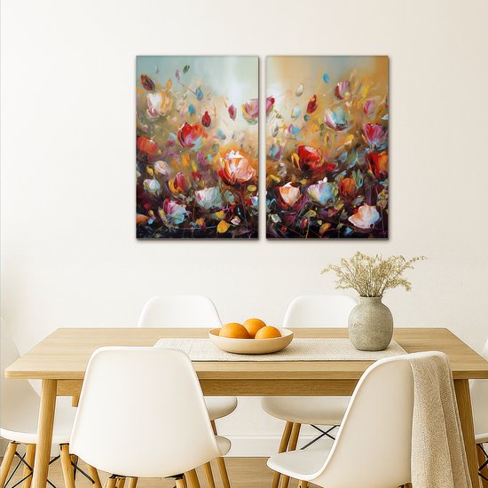 Canvas schilderij set 80x60 cm - Wanddecoratie tweeluik - Bloemen - Abstract - Verflook - Kleurrijk - Muurdecoratie woonkamer - Slaapkamer decoratie - Kamer accessoires - Schilderijen op canvas