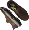 Bruine leren instappers met een Goodyear zool en "Skechers Slip-ins" opdruk.
