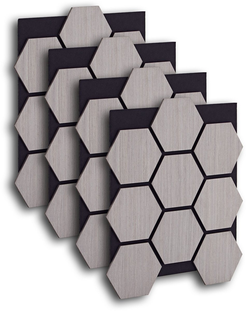 Homestyle4u akoestisch paneel - 4 stuks - grijs - Zeshoek