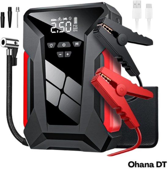 Ohana DT - Démarreur de secours pour voiture - Démarreur de batterie pour voiture - Compresseur d'air - 4 en 1 - Batterie externe 28 000 mAh - Câbles de démarrage
