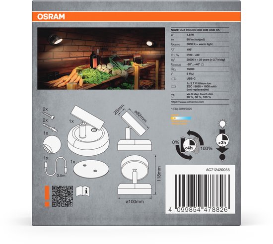 OSRAM Nightlux LED-lamp rond, 3000 K, dimbaar met USB-batterij, magnetisch, als nachtlampje of mobiele extra lamp voor hal, slaapkamer, plank van Merkloos — afbeelding 4