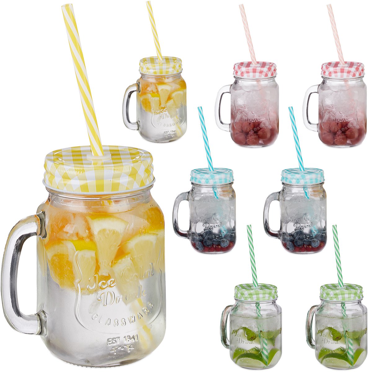 Image of 64x drinkglas met deksel & rietje, weckpot, 4 kleuren, mason jar