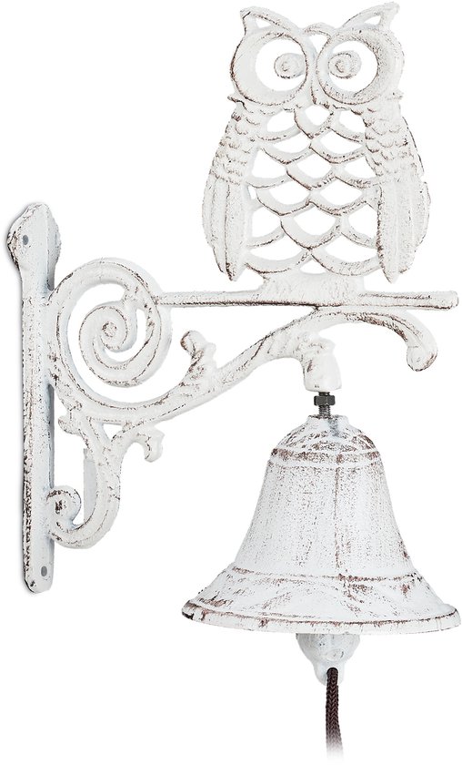Relaxdays 2x sonnette en fonte - cloche de jardin chouette - sonnette murale - décoration de jardin vintage - blanc