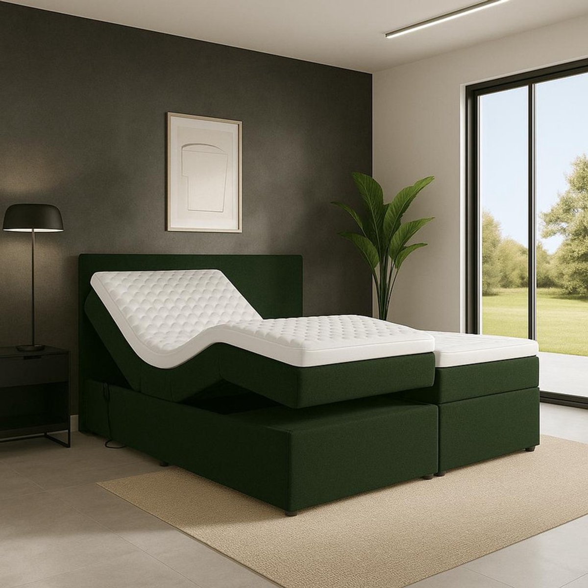 Boxspring FD Boxspring Napoli Elektrisch verstelbaar Luxe pocketvering Stof 200x200 cm donkergroen