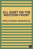 Boek 'All Quiet on the Western Front' van Erich Maria Remarque met een gele achtergrond met groene strepen. Pomo Doro Books logo rechtsonder.