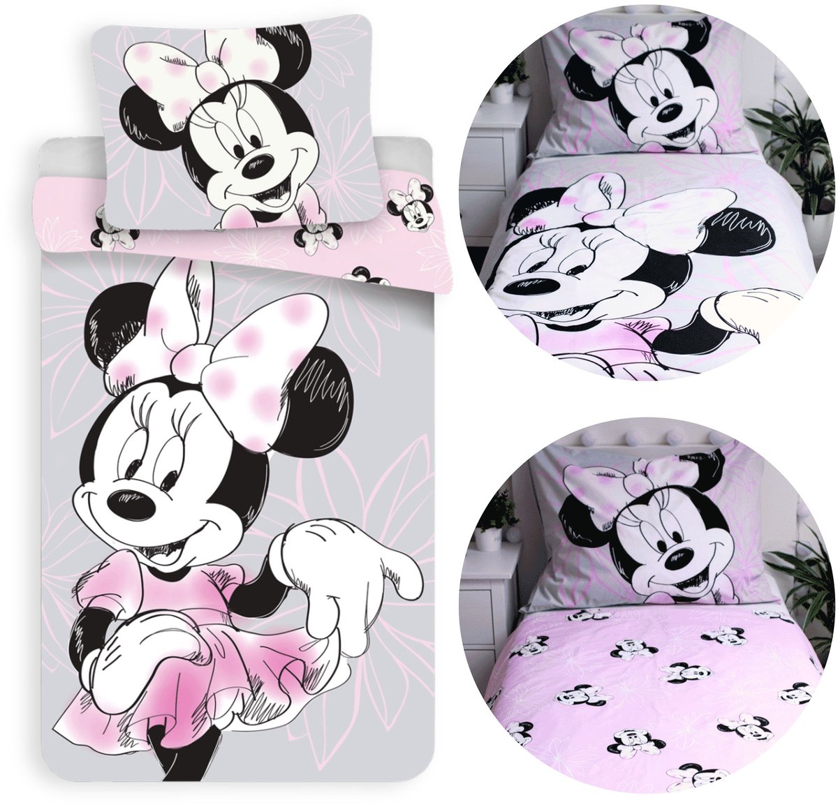 DISNEY Minnie Mouse DUBBELZIJDIG, katoenen kinderbeddengoed met ritssluiting, 100% KATOEN 140x200+70x90cm OEKO-TEX
