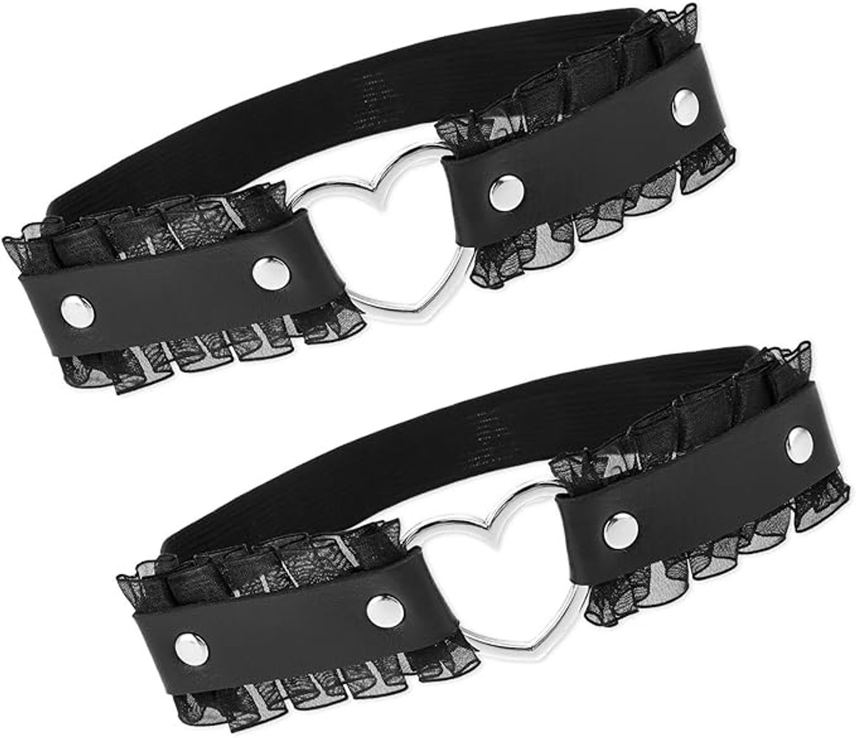 4 stuks kousenband zwart, harnas jarretelhouder dames verstelbaar lederen harnas voor vrouwen jarretelgordel festival rave outfit dames harnas hartvorm kant gothic dijbeen kousenband, zwart, L