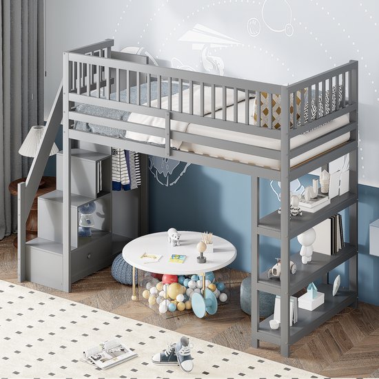 Hoogslaper 90x200 cm - Stalen constructie - Opbergvakken - 4 lades - LED-verlichting - Bureau - Ladder - zwart​ (matras niet inbegrepen