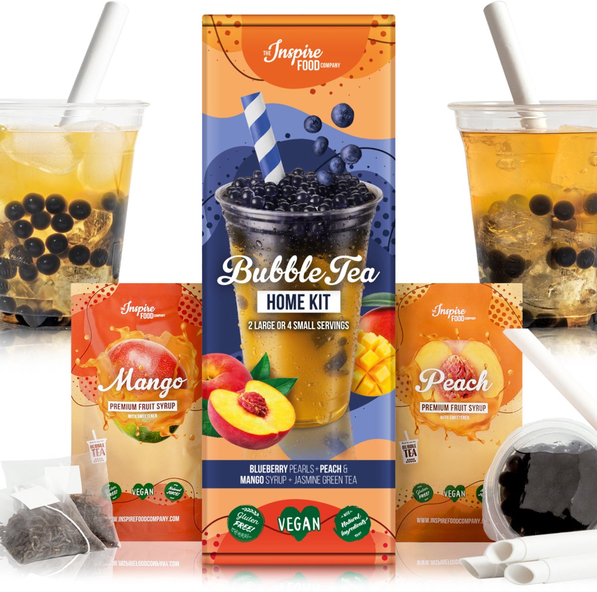 INSPIRE FOOD Bubble Tea-Set - Blauwe Bes Boba 100g, Perziksiroop 30ml, Mangosiroop 30ml, 4x Rietjes + 2x Jasmijnthee | 100% vegan, glutenvrij, zonder kunstmatige kleurstoffen