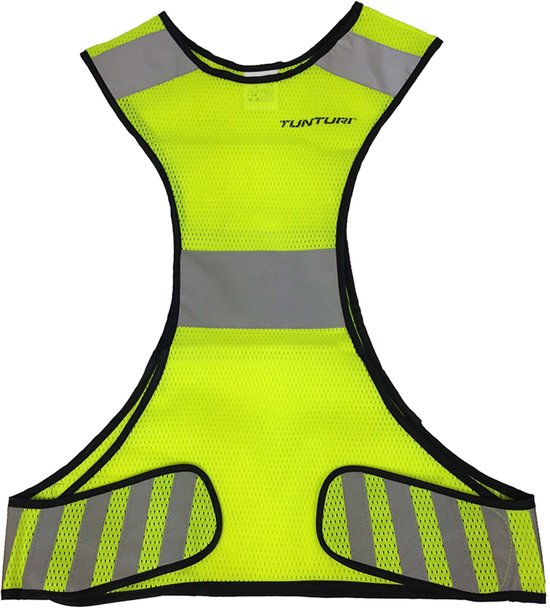 Een Tunturi X-vormig hardloop hesje, fluoriserend geel met zwarte randen en reflecterende strepen.