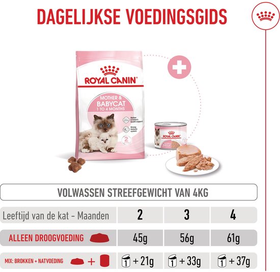 Zak Royal Canin Mother & Babycat voer. Naast de zak een blikje natvoer en een portie natvoer.