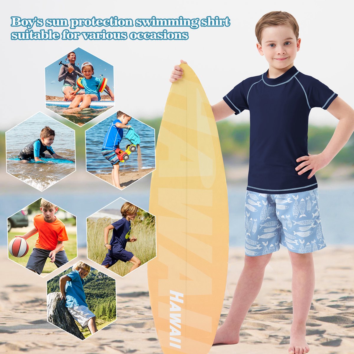 MEETHOO Jongens zwemshirt met korte mouwen, kinderzwemshirt met UV - bescherming, rashvest, surfshirt, snel drogend strandshirt - Korte mouwen - MARINE — afbeelding 2