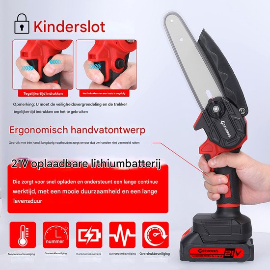 21V Mini Kettingzaag 6 inch – Handzame Accu Kettingzaag met 2 Batterijen & Lader – Draadloze Elektrische Takkenzaag voor Hout, Tuin & Bos – Veiligheidsslot – Rood — afbeelding 4