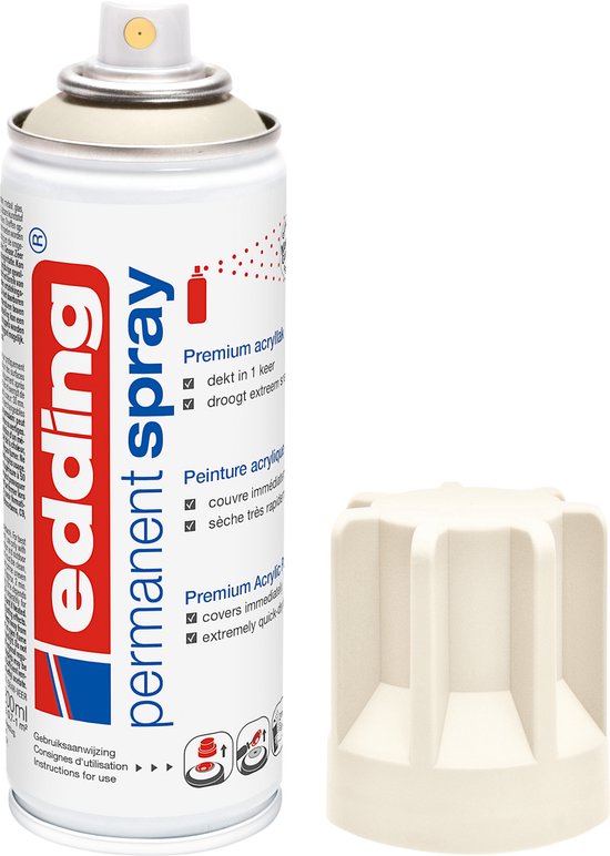 Bomne de peinture en aérosol edding permanente laque blanc crème mat et son capuchon.