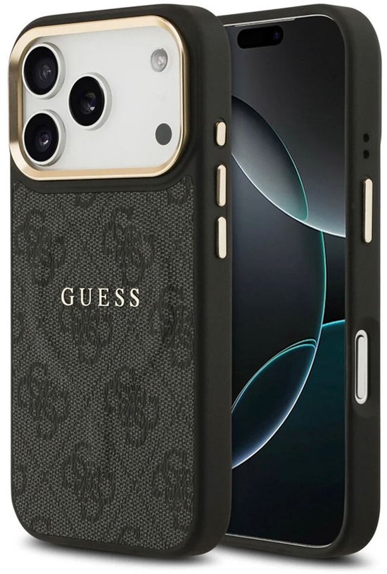 Guess PU Leather 4G Gold Frame Backcover - Geschikt voor iPhone 17 Pro Max - MagSafe Compatibel - Zwart