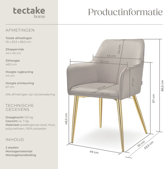 Chaise de salle à manger grise avec accoudoirs et pieds dorés fins, dimensions indiquées.