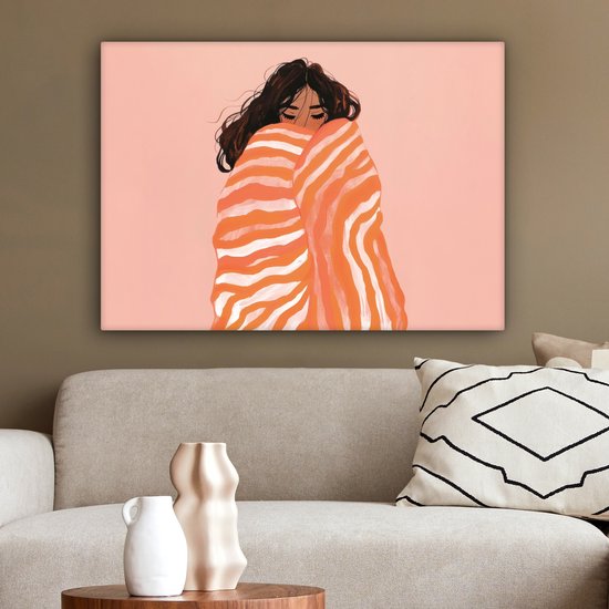 Canvas schilderij 80x60 cm - Exclusieve wanddecoratie Meisje - Deken - Gestreept - Oranje - Muurdecoratie woonkamer - Slaapkamer decoratie - Kamer accessoires - Schilderijen op canvas
