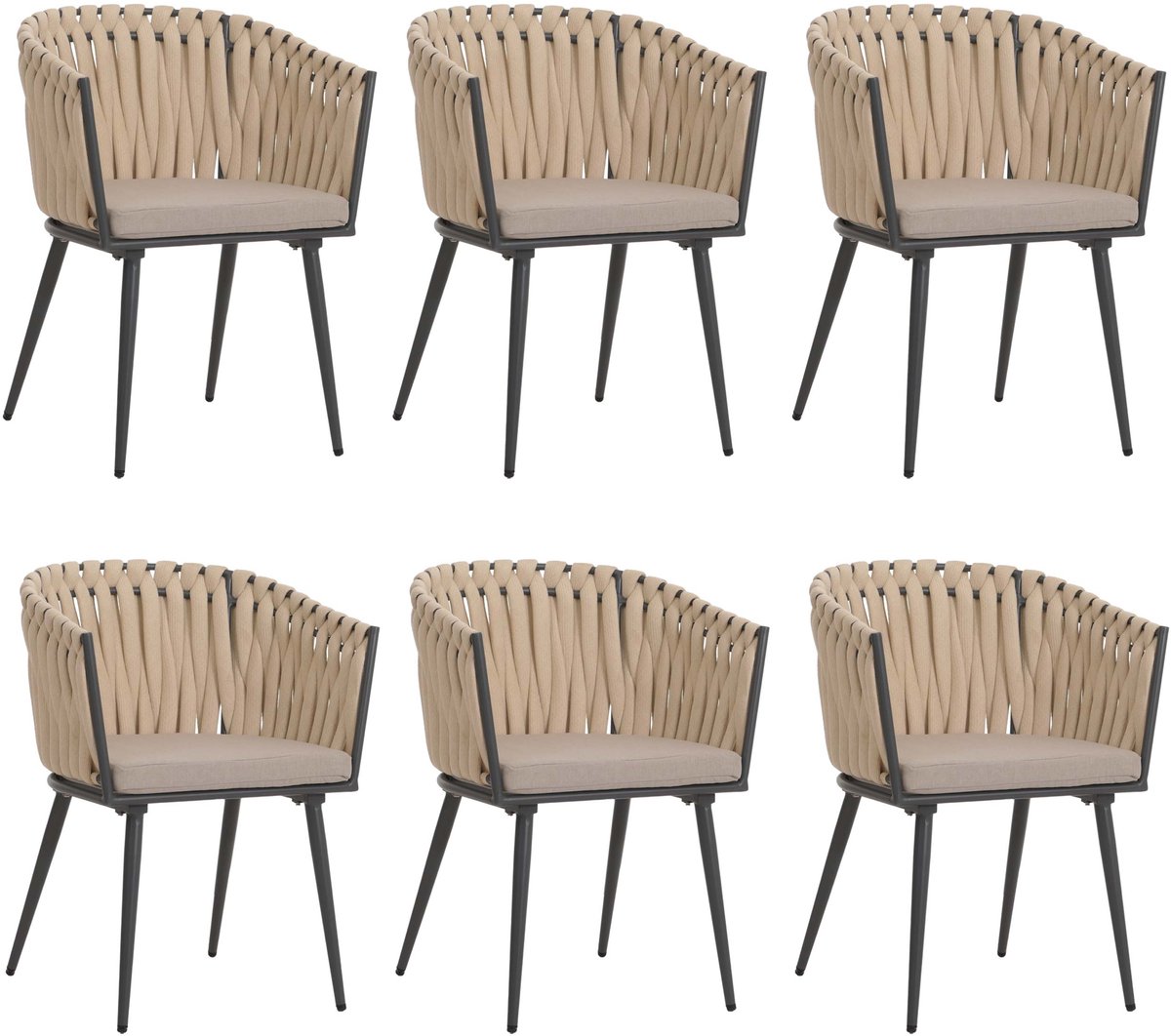 MCW Set van 6 aluminium eetkamerstoel MCW-N38, binnenstoel armleuning, Olefin rope weave Touw ~ crème kussen lichtbruin