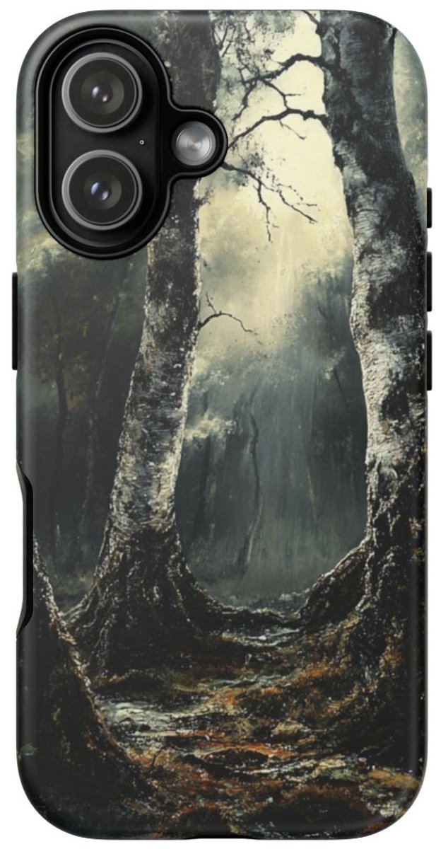 Donkere Berkenbomen in Sfeervol Bos – Telefoonhoesje Geschikt voor iPhone 17