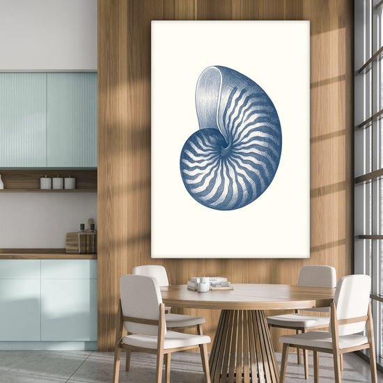 Canvas schilderij 120x180 cm - Exclusieve wanddecoratie Blauw - Schelp - Spiraal - Muurdecoratie woonkamer - Slaapkamer decoratie - Kamer accessoires - Schilderijen op canvas
