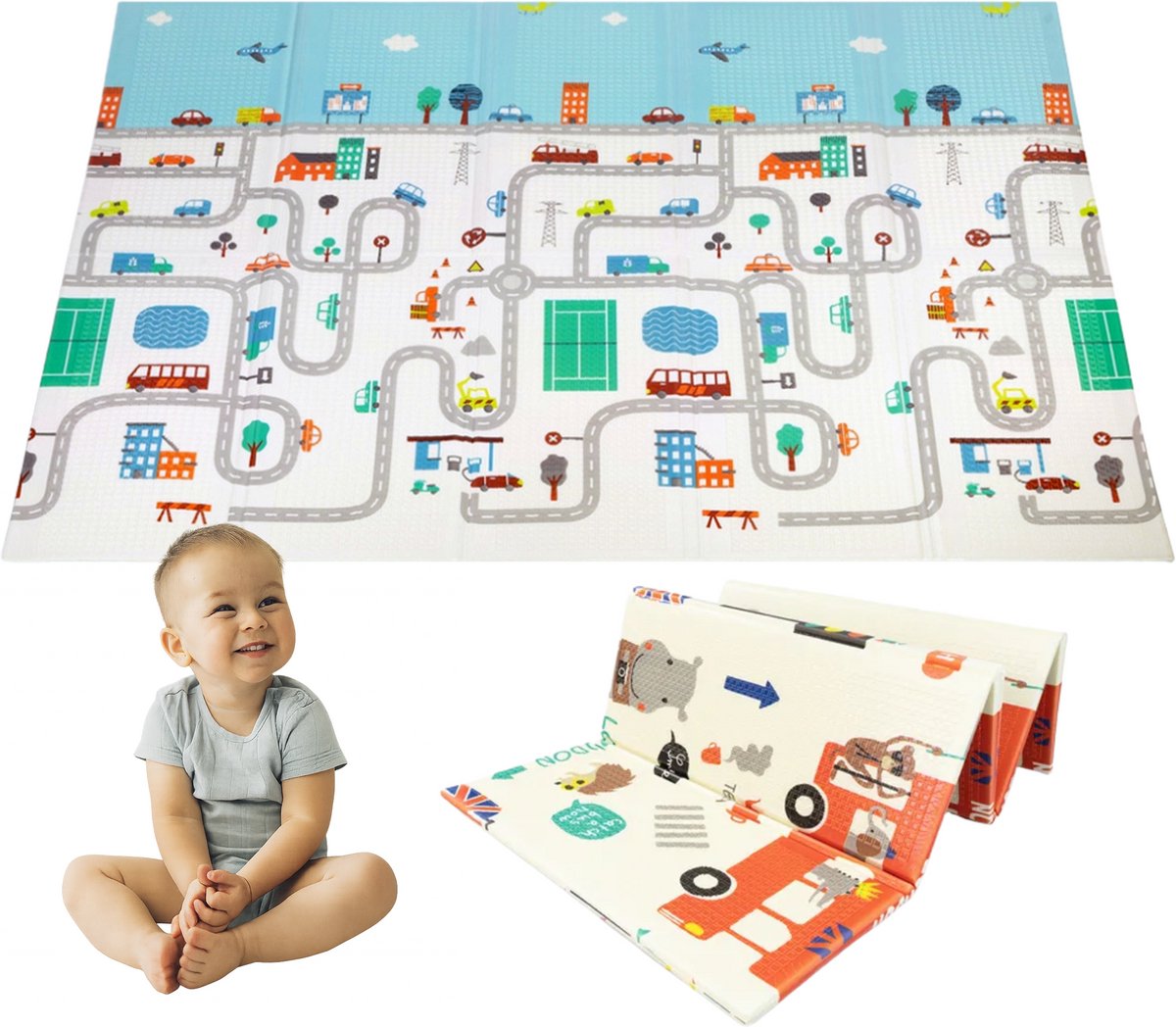 Speelmat – Speelkleed - Kinderen – Boxkleed - Babygym - Zachte Kruipmat met Levendige Auto & Stad Print – Speelmat foam - Baby - Opvouwbaar - Babyshower - 150x200cm - Inclusief opbergtas — afbeelding 5