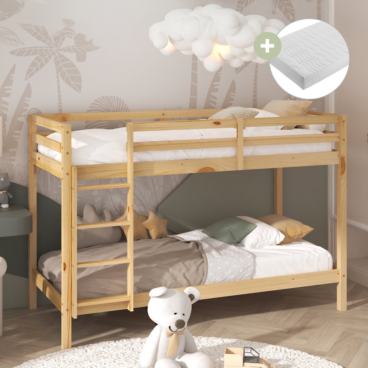 Sunny Jip Stapelbed – Met 2 Slaapplekken – Met Uitvalbeveiliging en rechte ladder - 208 x 97 x 140 cm – Peuterbed Meisjes en Jongens – FSC 100% Hout – Met Lattenbodems – Kinderstapelbed - Inclusief Matrassen – Naturel