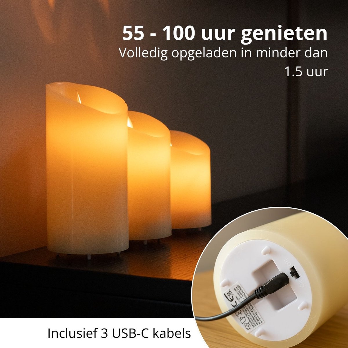 FlinQ Oplaadbare LED Kaarsen met Bewegende Vlam - Inclusief Afstandsbediening met Timer en Dimfunctie - Nep Kaarsen met Flikkerende Vlam - Dinerkaarsen Oplaadbaar - 3 stuks — cadeau in Wonen & Interieur - foto 3