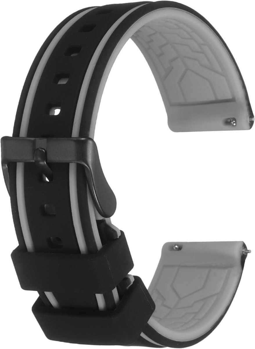 Allecto plus - 20 mm brede zachte siliconen horlogebandje met snelsluiting - voor dames en heren - zwart en grijs - Comfortabele horlogebandje met matte gesp