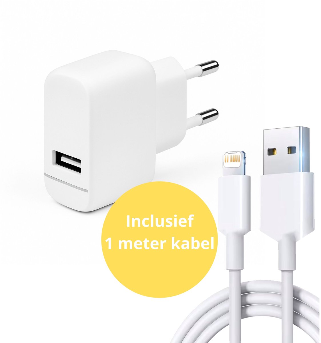 Grand Media Universal USB Power Adapter + oplaadkabel - 1 meter lightning - Ipad/iPhone - USB-A adapter - USB stekker - USB lader - Blokje - Universeel - iPad - iPhone - Wit