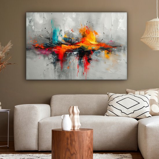Peinture sur toile 120x80 cm - Décoration murale Moderne - Oranje - Grijs - Art - Décoration murale salon - Décoration chambre moderne - Tableaux abstraits